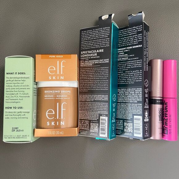 6 Elf & Maybelline Makeup Bundle - Mascaras, brow gel, bronzing drop, cleanser - Picture 4 of 5